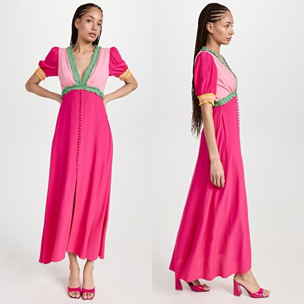 Saloni Lea Colorblock Crepe Maxi Dress Pink Green Size 4 US - Picture 2 of 13